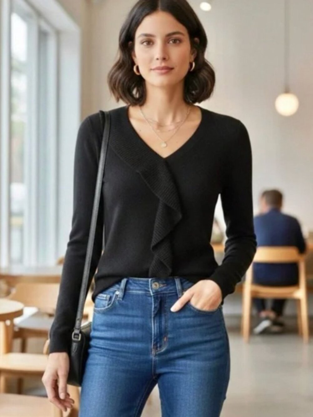 ** NEW Saks Fifth Avenue 100% Cashmere Black Ruffle Front V Neck Sweater Size XS